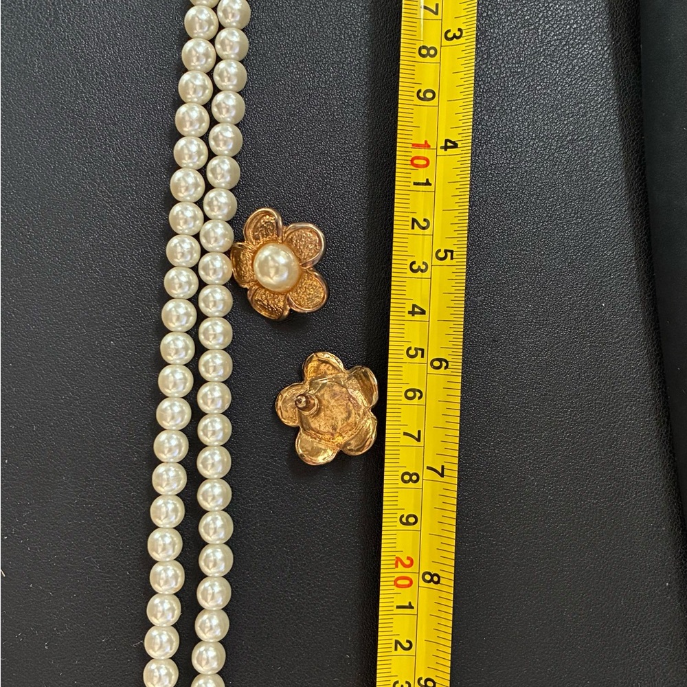 Elegant Pearl Necklace with Gold Flower Earrings